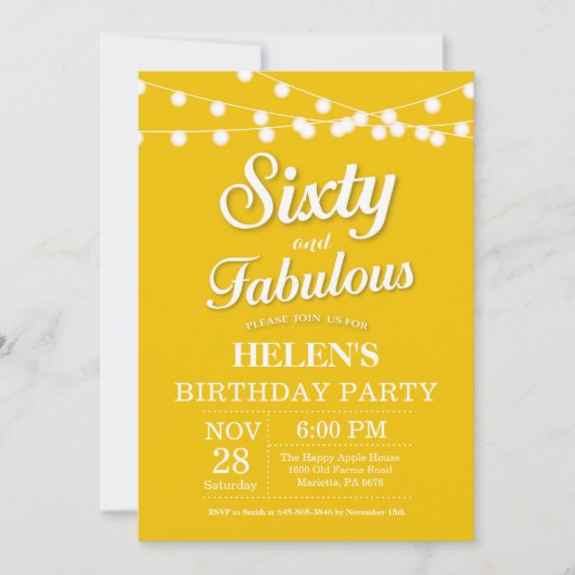 60th Birthday Invitation Yellow Fabulous Kaart (Voorkant)