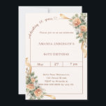 60th birthday ivory cream florals ribbon kaart<br><div class="desc">Celebrate a milestone in style with this elegant 60th birthday invitation in soft ivory, cream. Designed for a sophisticated and memorable celebration, this invitation features a clean, modern layout with a delicate script detail and subtle heart accent for a feminine and timeless touch. Peach colored flowers with gold ribbons Perfect...</div>