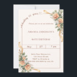 60th birthday ivory cream florals ribbon kaart<br><div class="desc">Celebrate a milestone in style with this elegant 60th birthday invitation in soft ivory, cream. Designed for a sophisticated and memorable celebration, this invitation features a clean, modern layout with a delicate script detail and subtle heart accent for a feminine and timeless touch. Peach colored flowers with gold ribbons Perfect...</div>