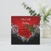 60th Birthday Lace Black Silver Deep RED Rose Kaart (Staand voorkant)