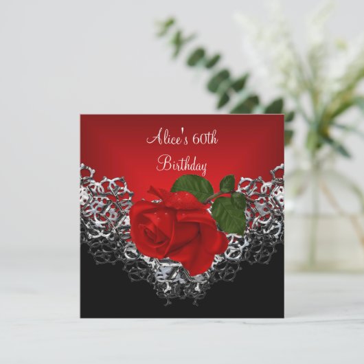 60th Birthday Lace Black Silver Deep RED Rose Kaart (Staand voorkant)
