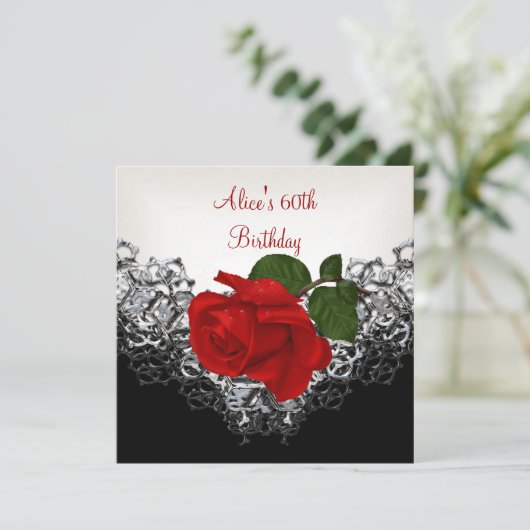 60th Birthday Lace Black White Silver RED Rose Kaart (Staand voorkant)