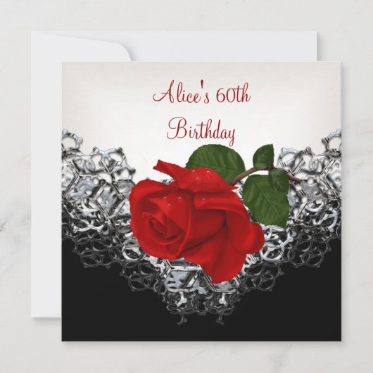 60th Birthday Lace Black White Silver RED Rose Kaart (Voorkant)