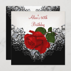 60th Birthday Lace Black White Silver RED Rose Kaart