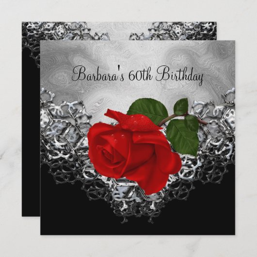 60th Birthday Lace Black White Silver RED Rose Kaart (Voorkant / Achterkant)