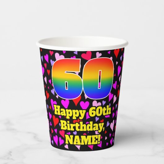 60th Birthday: Loving Hearts Pattern, Rainbow 60 Papieren Bekers (Achterkant)