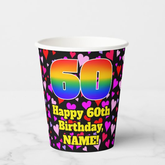 60th Birthday: Loving Hearts Pattern, Rainbow 60 Papieren Bekers (Voorkant)