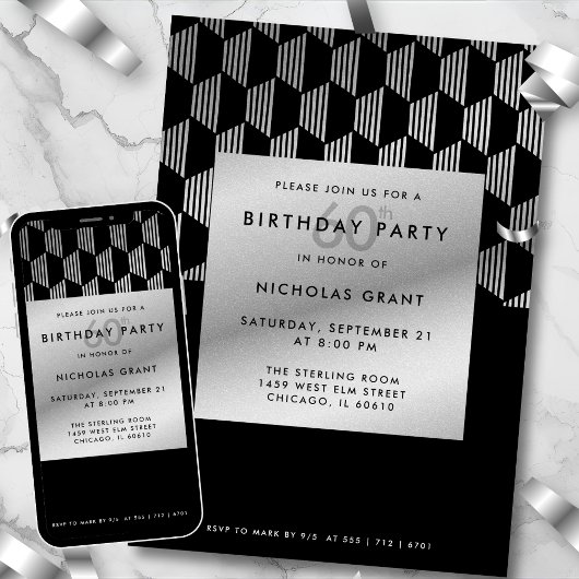 60th Birthday Modern Black Faux Silver Foil Kaart
