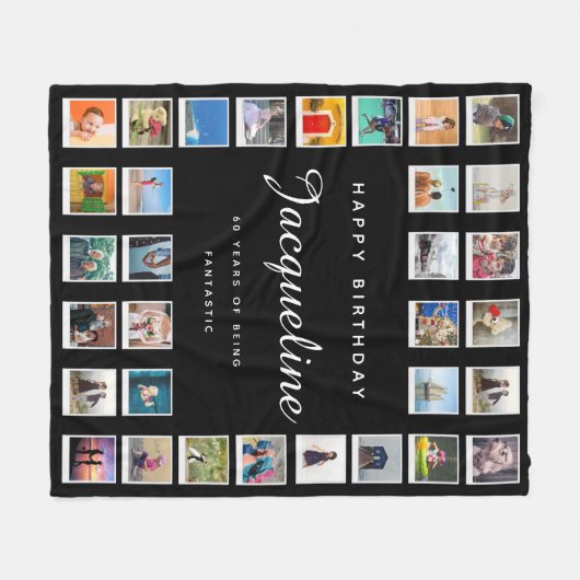 60th Birthday Modern Chic Photo Collage Black Fleece Deken (Voorkant (Horizontaal))