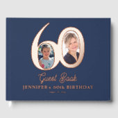 60th Birthday modern elegant photo blue rose gold Gastenboek (Voorkant)