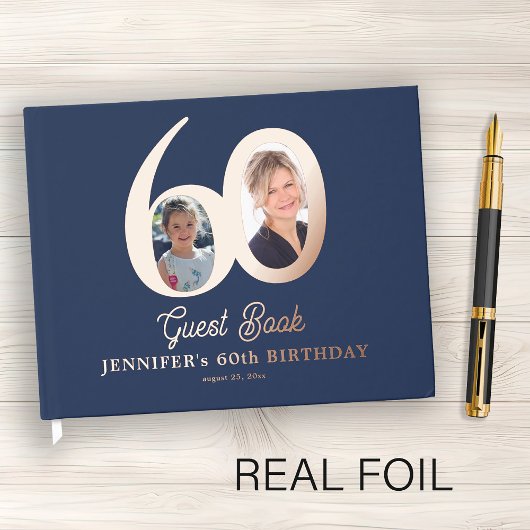 60th Birthday modern elegant photo blue rose gold Gastenboek