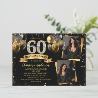 60th Birthday Modern Gold Glitter Balloons 2 Photo Kaart