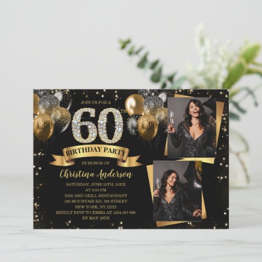 60th Birthday Modern Gold Glitter Balloons 2 Photo Kaart (Staand voorkant)