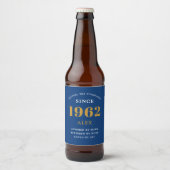 60th Birthday Name 1962 Blue Gold Elegant Chic Bier Etiket (Voorkant)