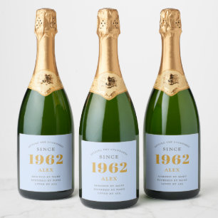 60th Birthday Name 1962 Blue Grey Elegant Chic Sparkling Wijnetiket