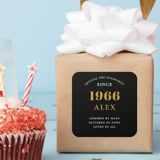 60th Birthday Name 1966 Black Gold Elegant Chic Vierkante Sticker