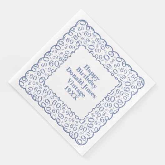 60th Birthday Number Patroon Scallops Blue/White Servet (Hoek)