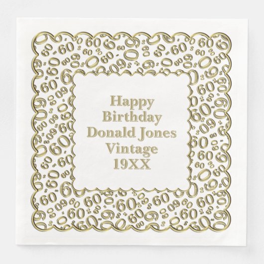 60th Birthday Number Patroon Scallops Gold/White Servet (Voorkant)