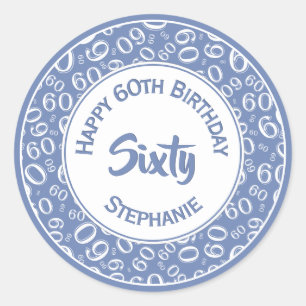 60th Birthday Number Pattern 60 Blue and White Ronde Sticker