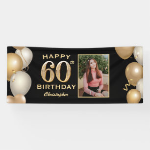 60th Birthday Party Black and Gold Balloons Foto Spandoek