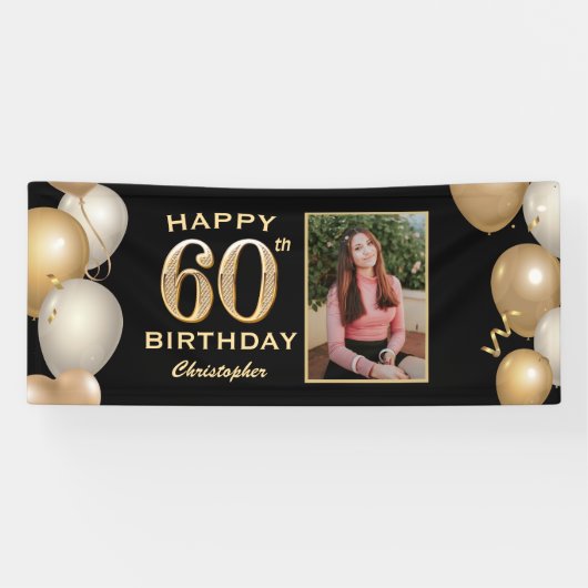 60th Birthday Party Black and Gold Balloons Foto Spandoek (Horizontaal)