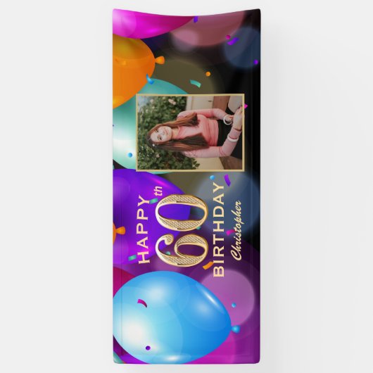 60th Birthday Party Black and Gold Balloons Foto Spandoek (Verticaal)
