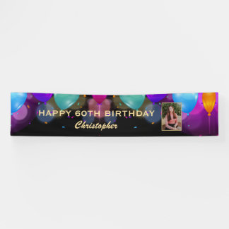 60th Birthday Party Black and Gold Balloons Foto Spandoek