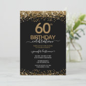 60th Birthday Party Black and Gold Invitation Kaart (Staand voorkant)
