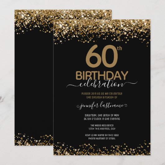60th Birthday Party Black and Gold Invitation Kaart (Voorkant / Achterkant)