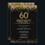 60th Birthday Party Black and Gold Invitation Kaart<br><div class="desc">Elegant Faux Gold glitter met de scherpende confetti hoogtepunten op de boven- en ondergrens. Alle tekst kan worden aangepast en kan eenvoudig worden gewijzigd voor uw eigen wensen. Geweldig elegante 60e verjaardag sjabloon.</div>