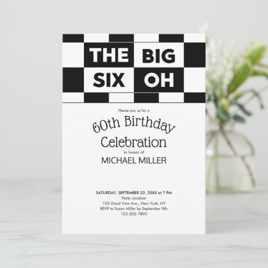 60th Birthday Party Black White Checkered Pattern Kaart (Staand voorkant)