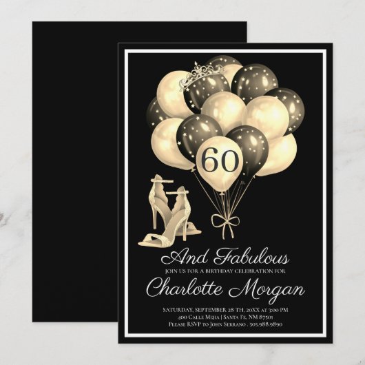 60th Birthday Party Black White Kaart (Voorkant / Achterkant)