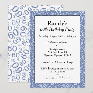60th Birthday Party Blue and White Number Pattern Kaart