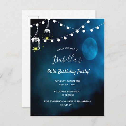 60th Birthday party blue moon light strings Uitnodiging Briefkaart (Voorkant / Achterkant)