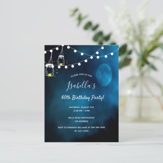60th Birthday party blue moon light strings Uitnodiging Briefkaart (Staand voorkant)