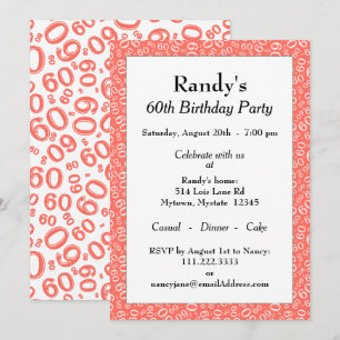 60th Birthday Party Coral/White Number Pattern Kaart