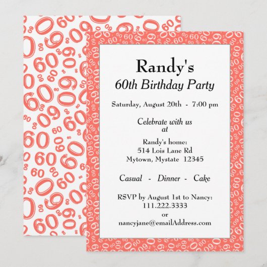 60th Birthday Party Coral/White Number Pattern Kaart (Voorkant / Achterkant)
