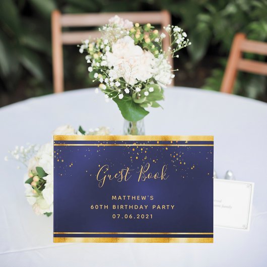 60th Birthday Party dark blue gold confetti Gastenboek