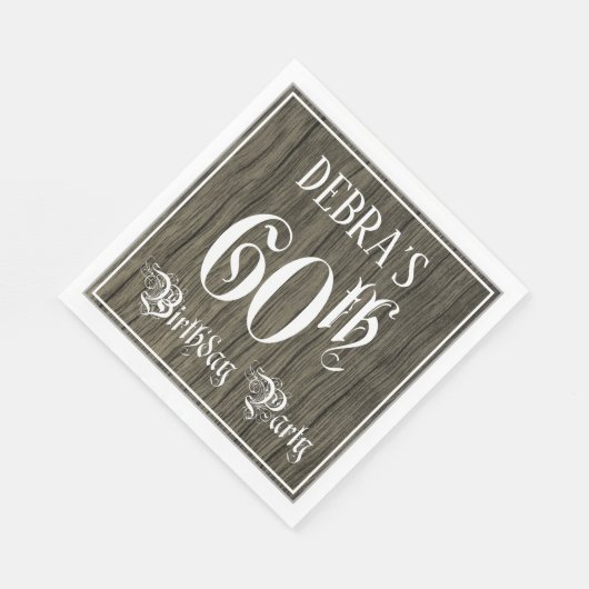 60th Birthday Party — Fancy script, Faux Wood Kijk Servet (Hoek)