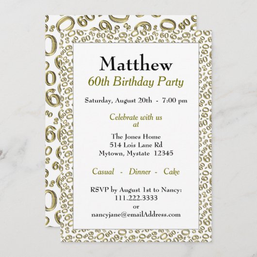 60th Birthday Party Gold and White Number Pattern Kaart (Voorkant / Achterkant)