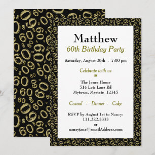 60th Birthday Party Gold en Black Number Pattern Kaart
