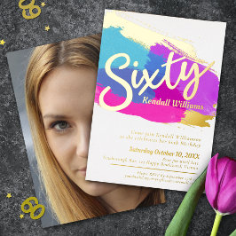 60th Birthday party gouden foto heldere abstracte  Folie Uitnodiging