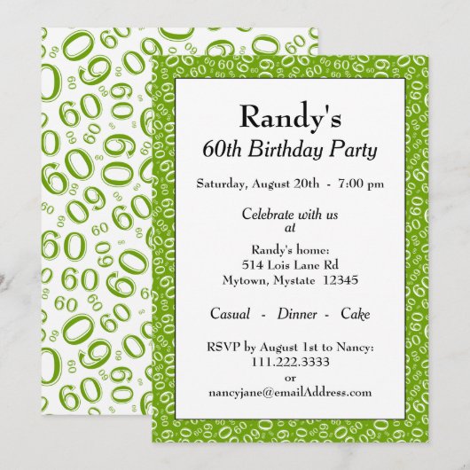60th Birthday Party Green and White Number Pattern Kaart (Voorkant / Achterkant)
