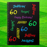 60th Birthday Party Guest Book Repat Name Black Notitieboek<br><div class="desc">Wat een prachtig, gepersonaliseerd gastboek voor een 60ste verjaardagsfeestje of een andere gelegenheid. Op de omslag van dit spiraalvormige notitieboek, herhalen de Naam en de Leeftijd in verschillende doopvonten en primaire kleuren op een zwarte achtergrond. Gemakkelijk om te personaliseren - enkel de NAAM, de LEEFTIJD, en de OCCASIE van de...</div>