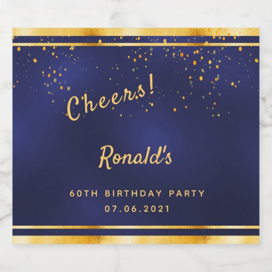 60th Birthday party marvy blue gold cheers name Bier Etiket (Enkel label)