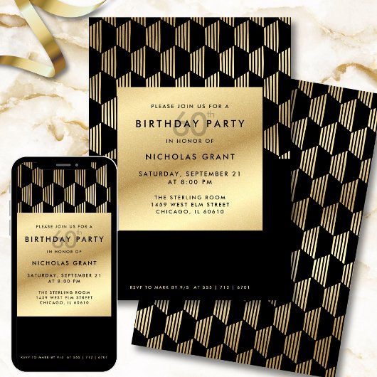 60th Birthday Party Modern Black and Gold Foil Kaart