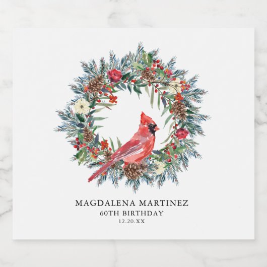 60th Birthday Party Red Cardinal Wreath Custom Sparkling Wijnetiket (Enkel label)