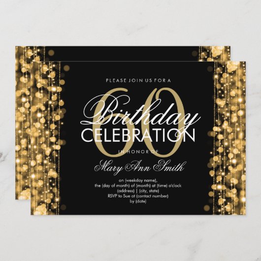 60th Birthday Party Sparkles Gold Kaart (Voorkant / Achterkant)