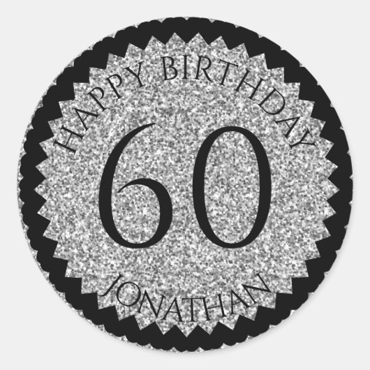 60th Birthday Party toevoegen jouw naam Silver Gli Ronde Sticker (Voorkant)