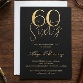 60th Birthday Party Typography Photo Black & Gold Folie Feestdagenkaart